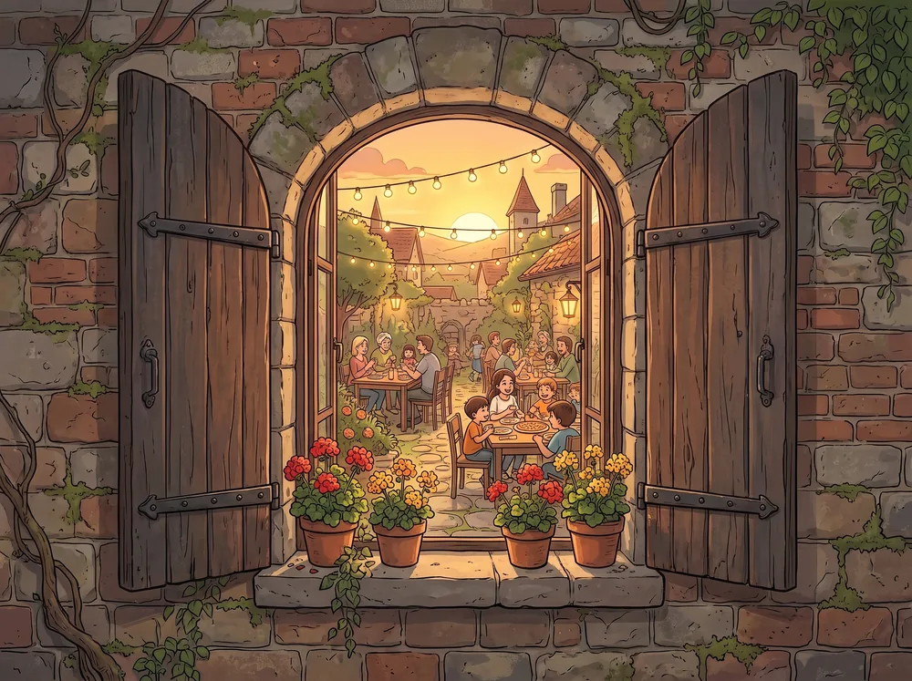 Il giardino d'estate · Tavoli all'aperto sotto le lucine, con tanto spazio per i bambini.