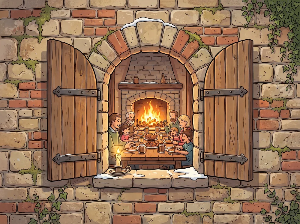 La sala d'inverno · Coperta e riscaldata, con la tavolata lunga per le feste.
