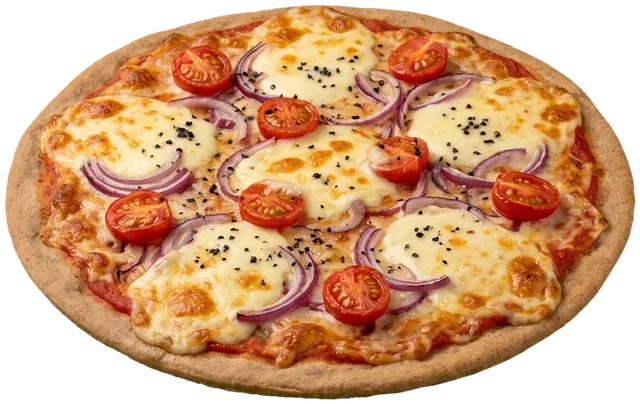 Pizza Debora senza glutine: integrale, mozzarella, pomodorini, cipolla e sale nero