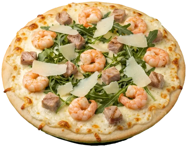 Pizza Pizza e merletti senza glutine: gamberetti, pesce spada, rucola e pecorino