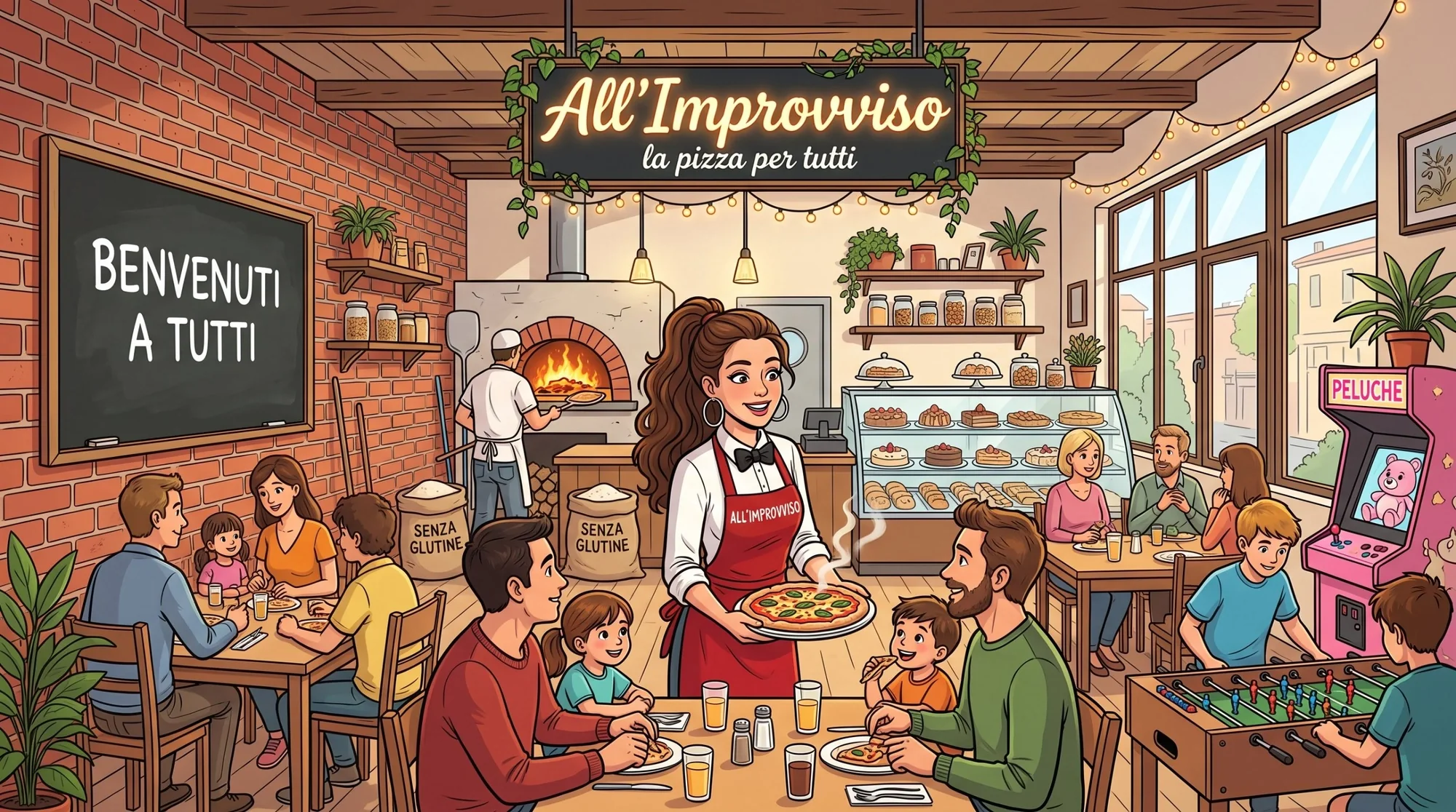 La sala della pizzeria senza glutine All'Improvviso a Livorno, con il forno a legna, Debora e le famiglie a tavola