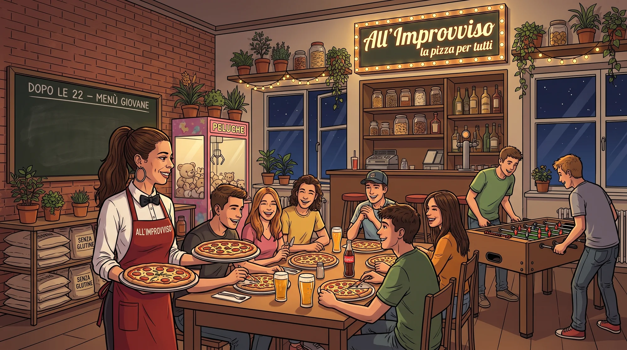 Dopo le 22 ad All'Improvviso: ragazzi a tavola con pizza senza glutine e biliardino